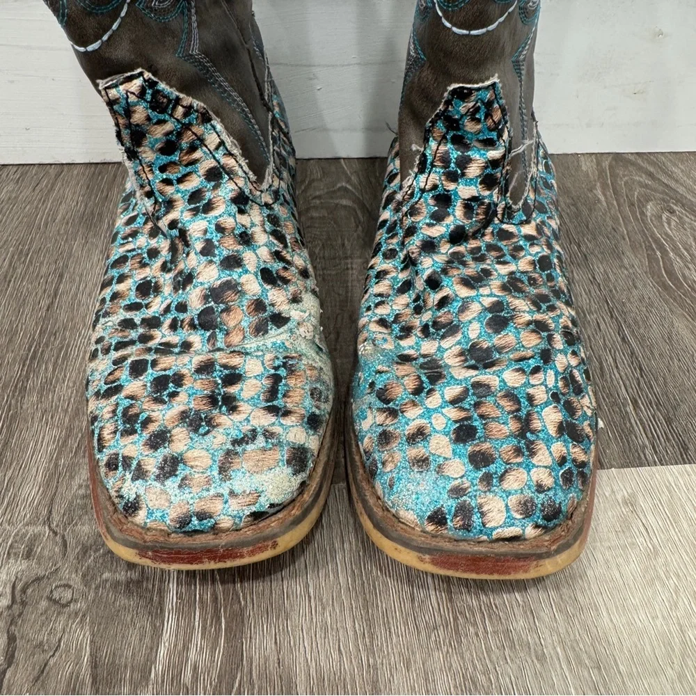 Roper Glitter Leopard Print Boots Kids Girls 3 Brown Blue Western Rodeo